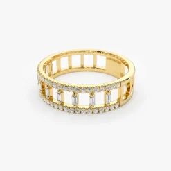 14k Double Row Micro Pave Diamond Ring with Baguette Diamond