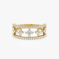 14k Double Row Pave Diamond Ring w/ Diamond Cluster Accents