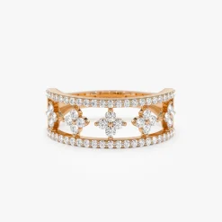 14k Double Row Pave Diamond Ring w/ Diamond Cluster Accents