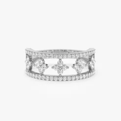 14k Double Row Pave Diamond Ring w/ Diamond Cluster Accents