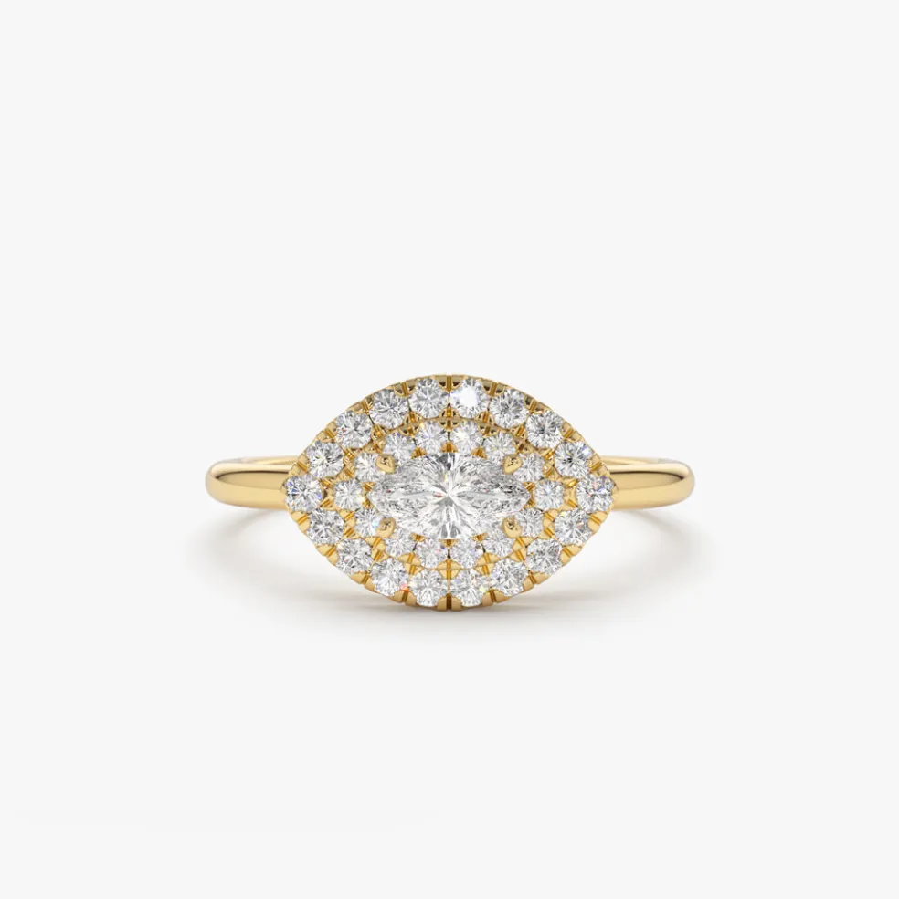 14k East to West Double Halo Marquise Diamond Ring