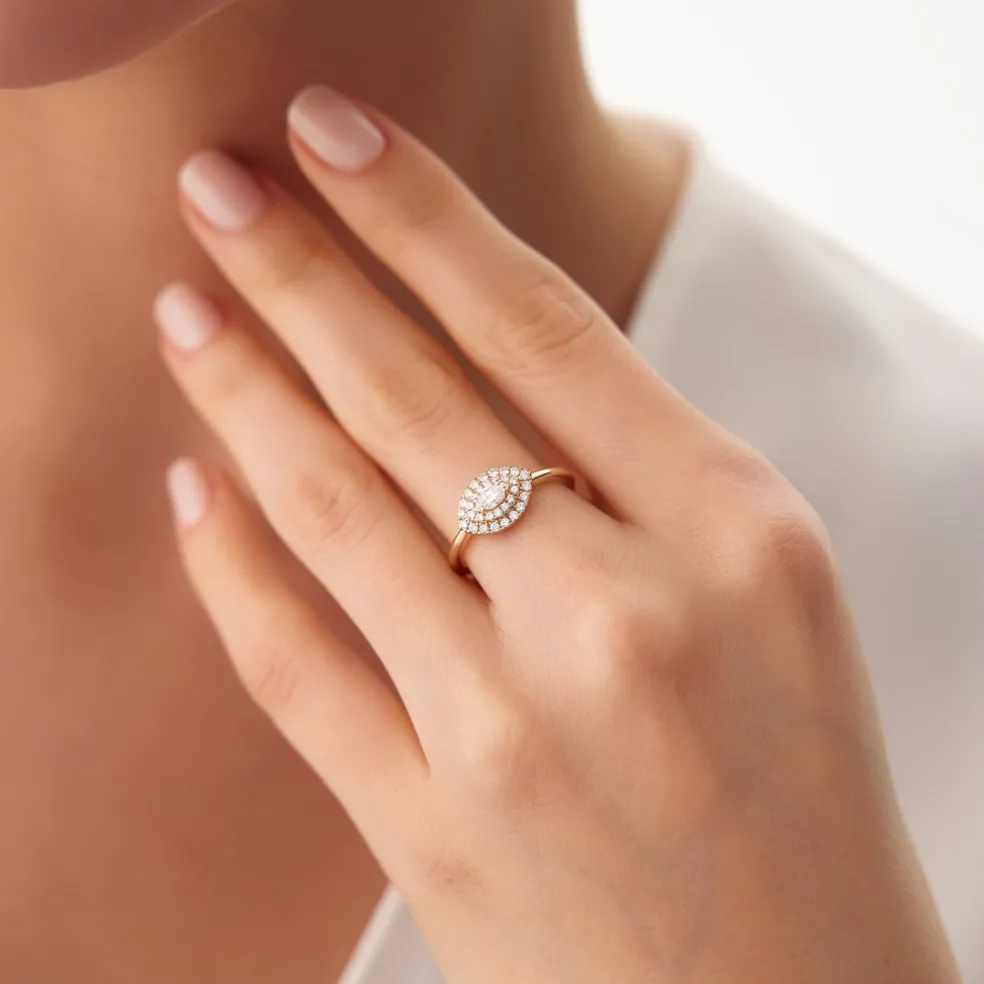 14k East to West Double Halo Marquise Diamond Ring