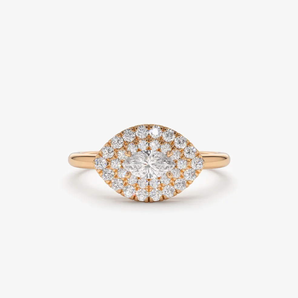 14k East to West Double Halo Marquise Diamond Ring