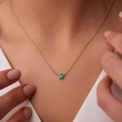 14K Emerald and Diamond Flower Charm Necklace