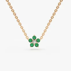 14K Emerald and Diamond Flower Charm Necklace
