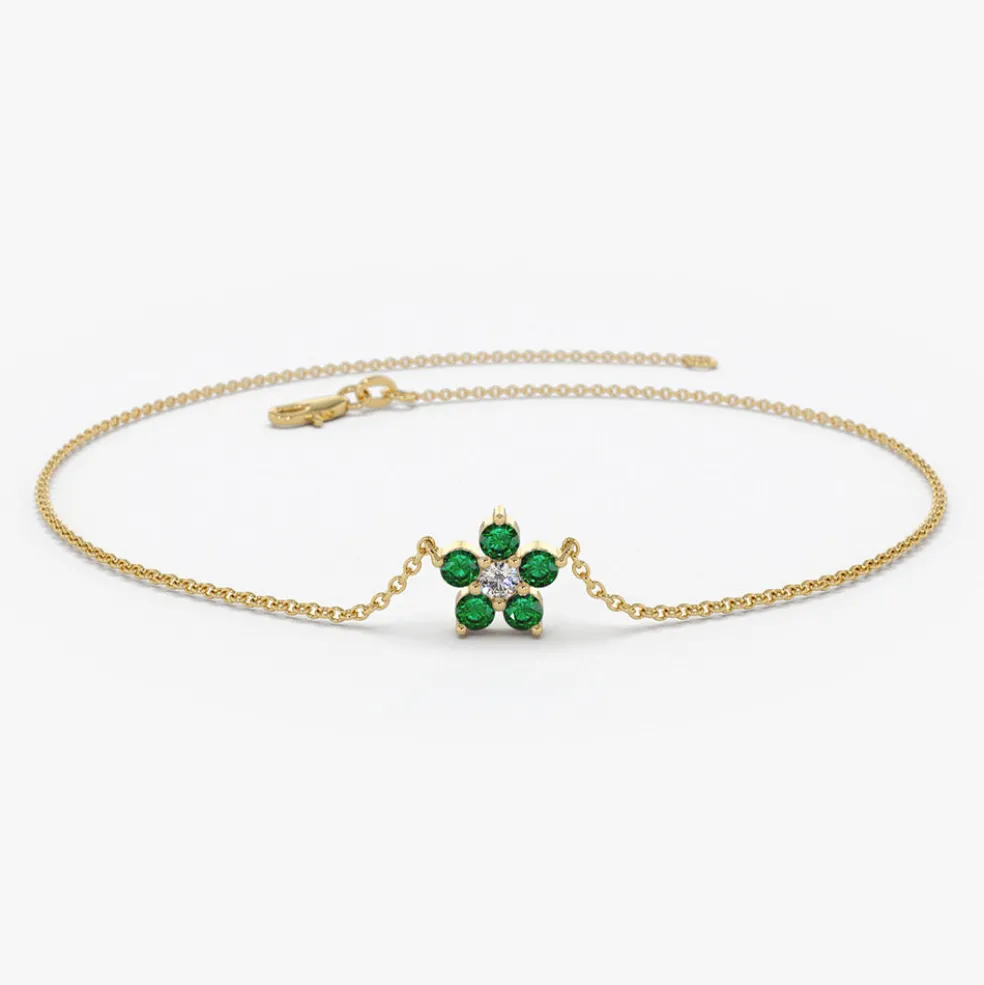 14K Emerald and Diamond Flower Charm Bracelet