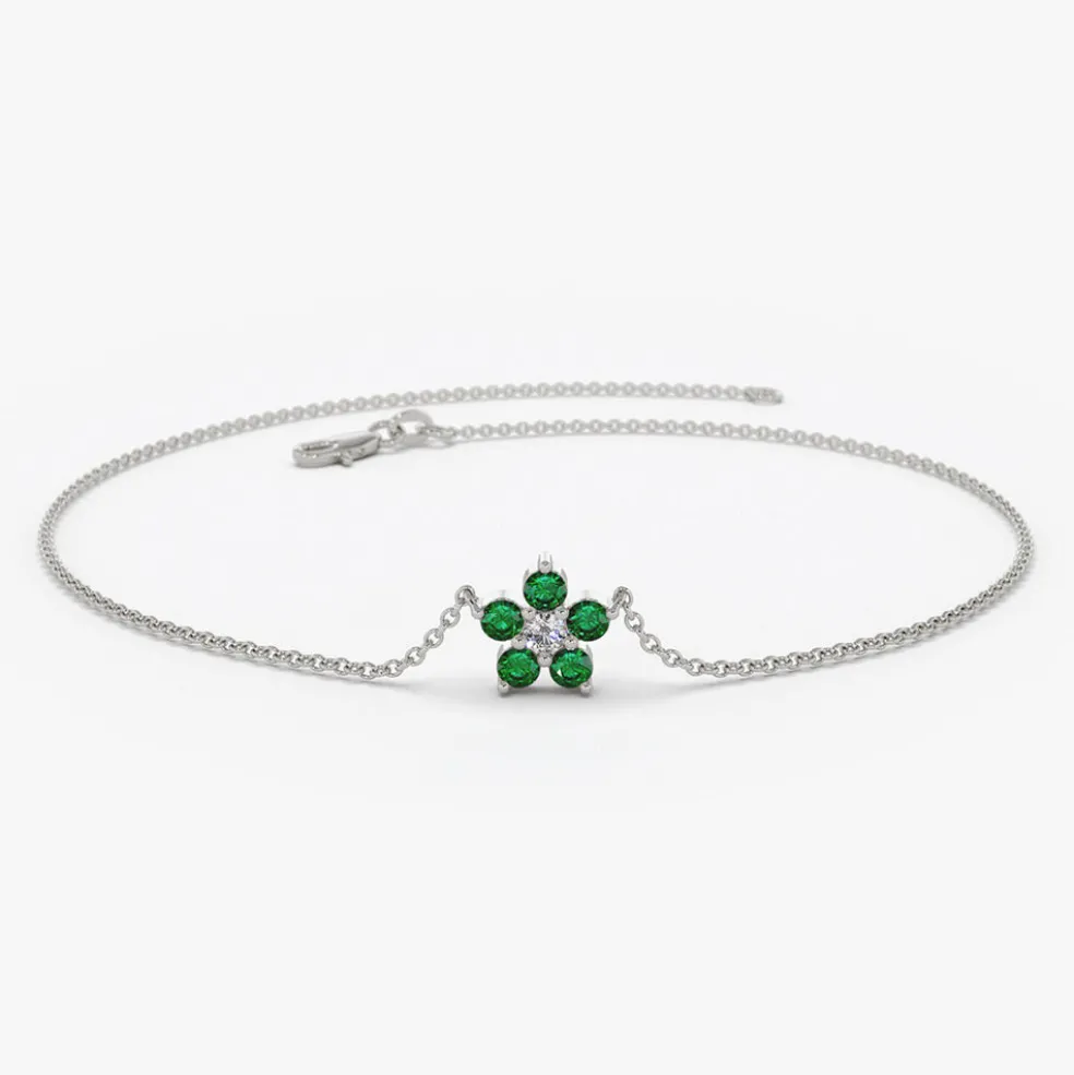 14K Emerald and Diamond Flower Charm Bracelet