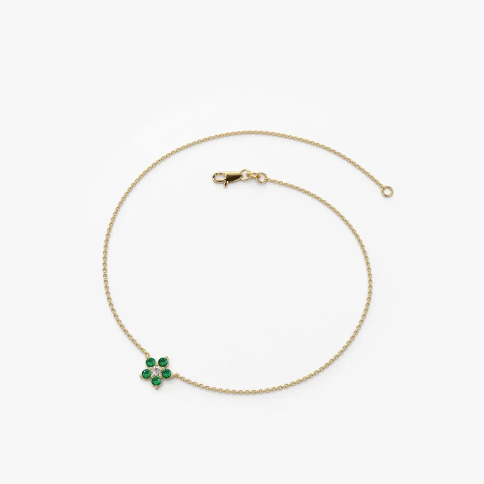 14K Emerald and Diamond Flower Charm Bracelet
