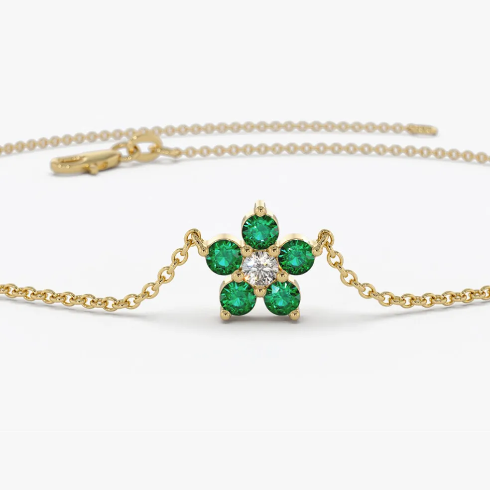 14K Emerald and Diamond Flower Charm Bracelet
