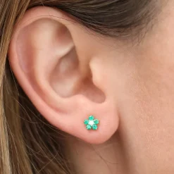 14K Emerald and Diamond Flower Studs