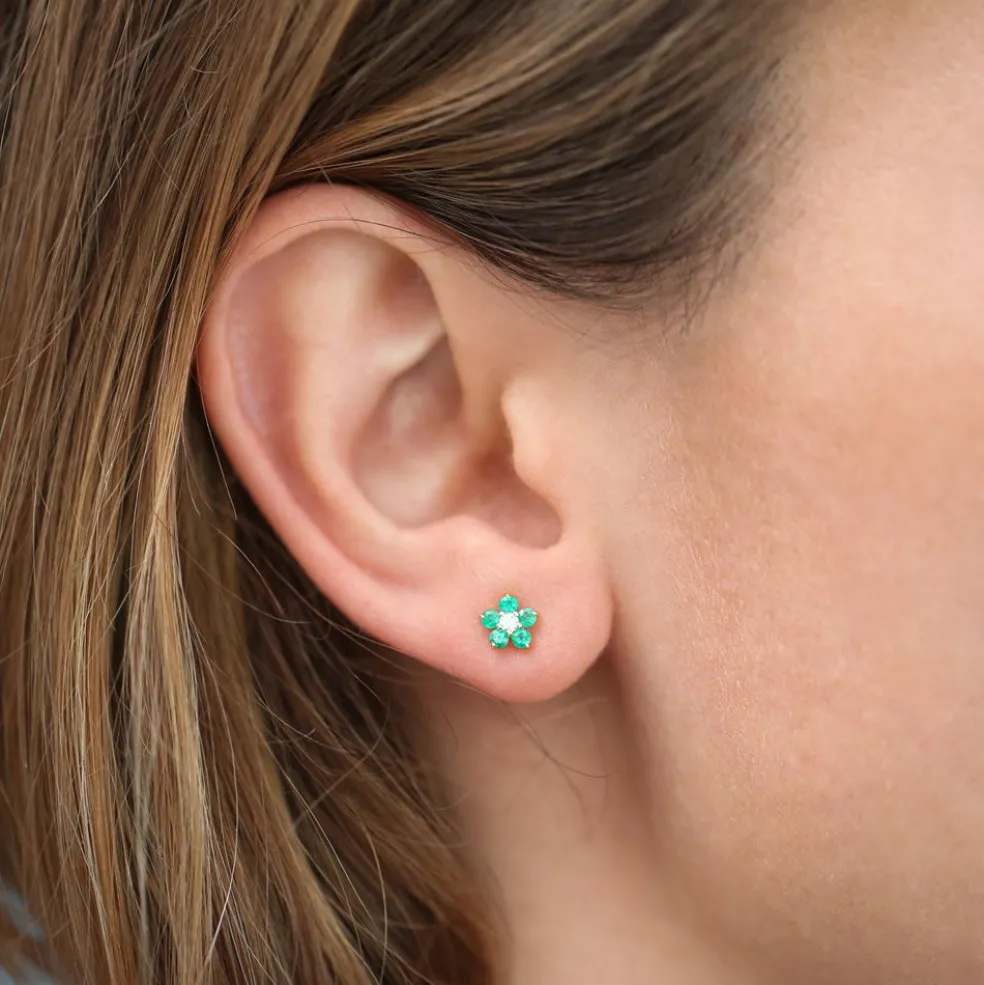 14K Emerald and Diamond Flower Studs