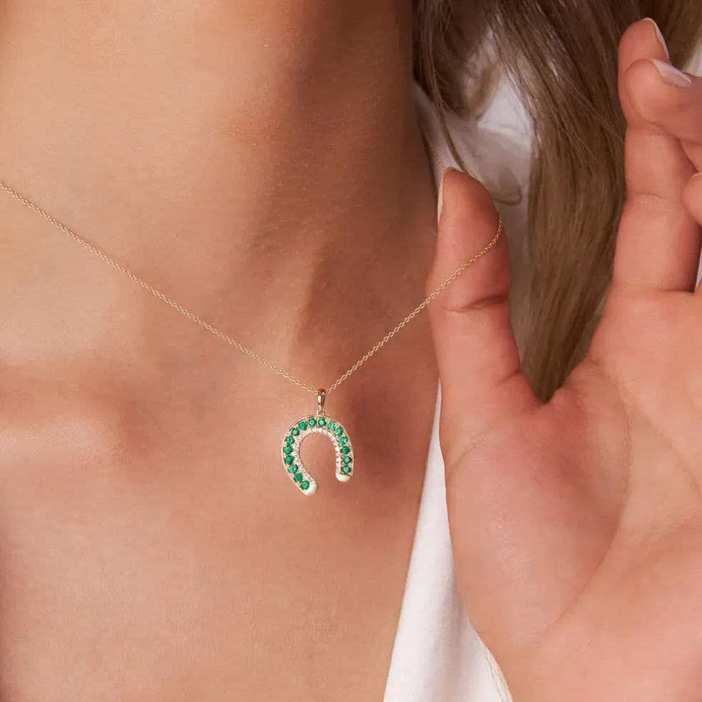 14k Emerald and Diamond Horseshoe Pendant