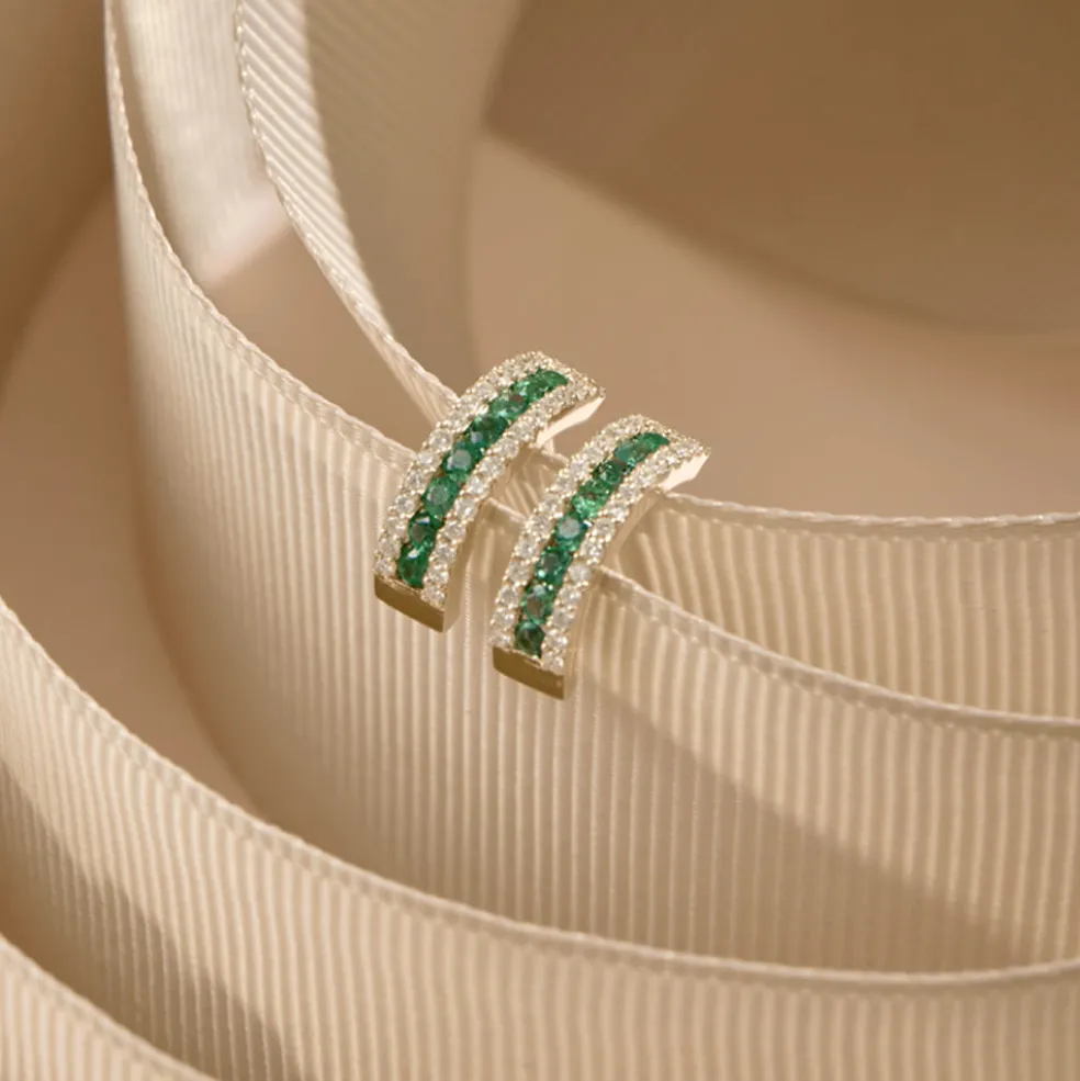 14k Emerald and Round Diamond Hoop Earrings
