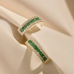 14k Emerald and Round Diamond Hoop Earrings