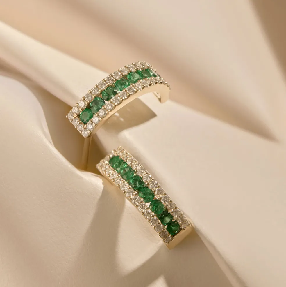 14k Emerald and Round Diamond Hoop Earrings