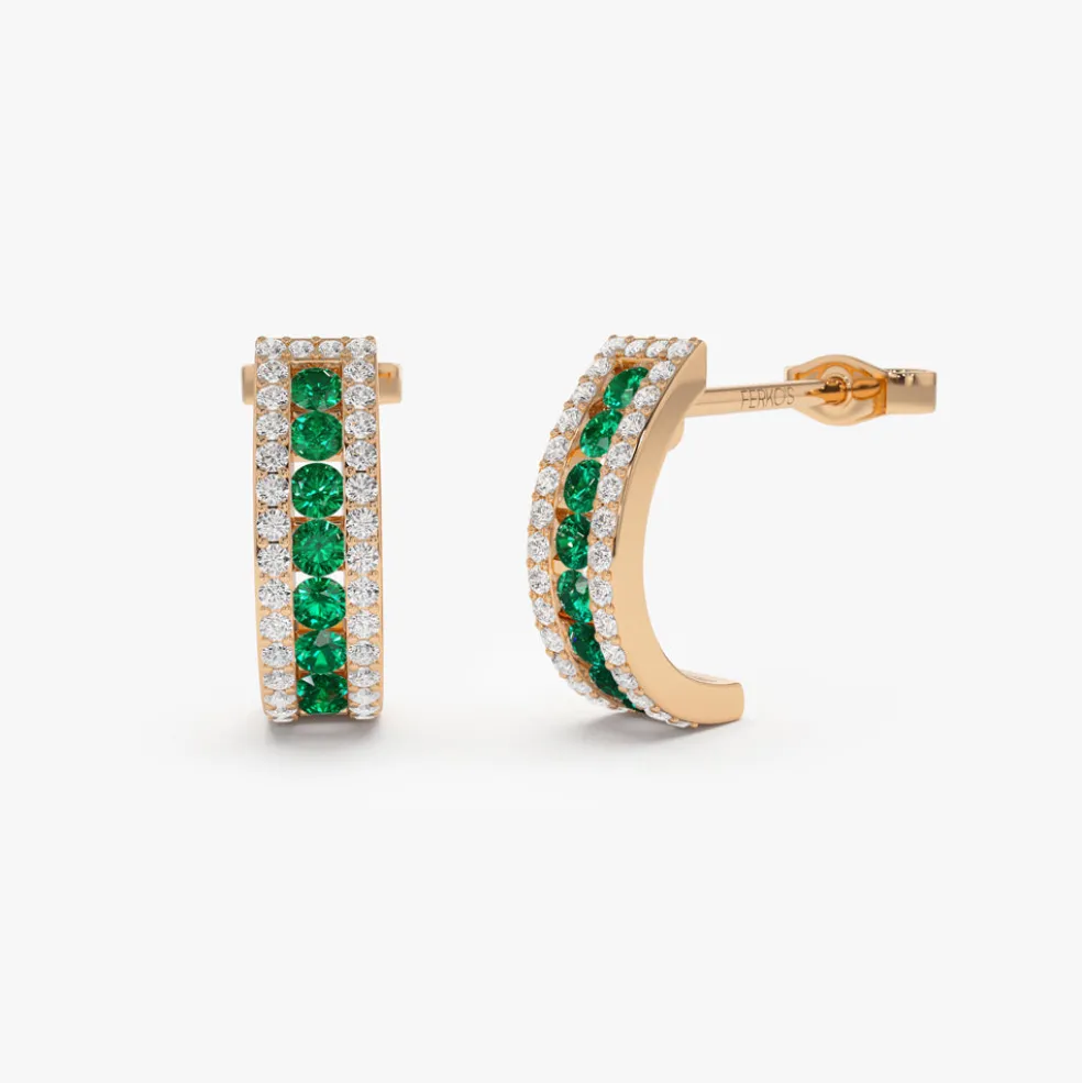14k Emerald and Round Diamond Hoop Earrings