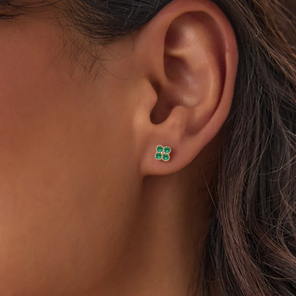 14k Emerald Clover Beaded Studs