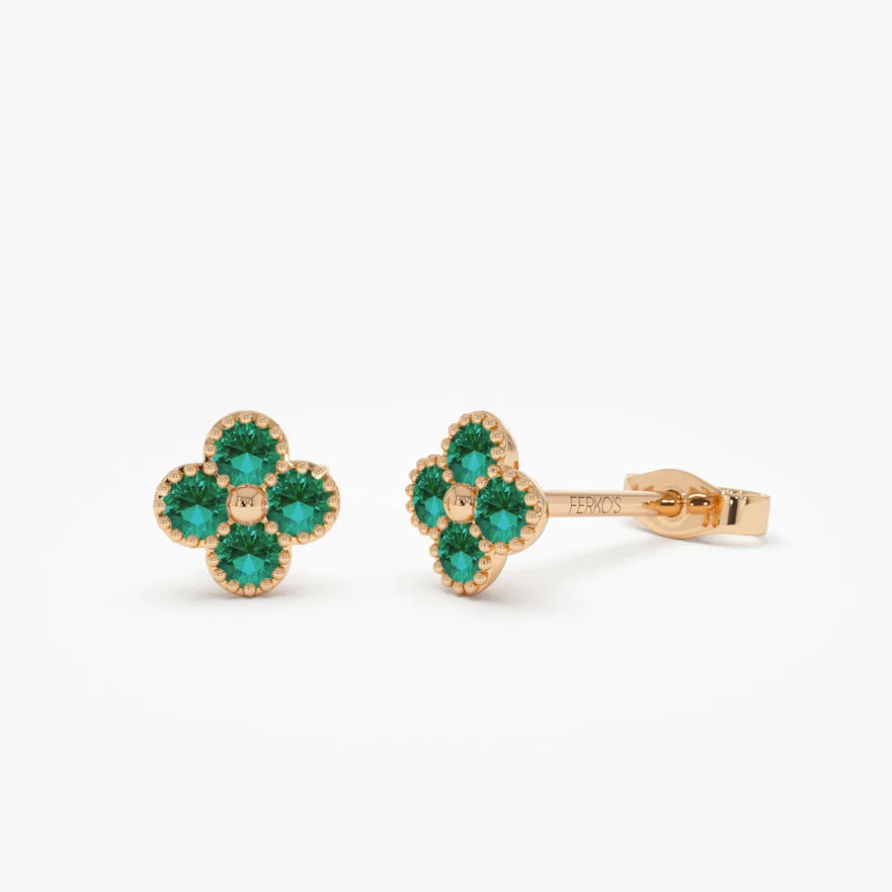 14k Emerald Clover Beaded Studs