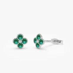 14k Emerald Clover Beaded Studs
