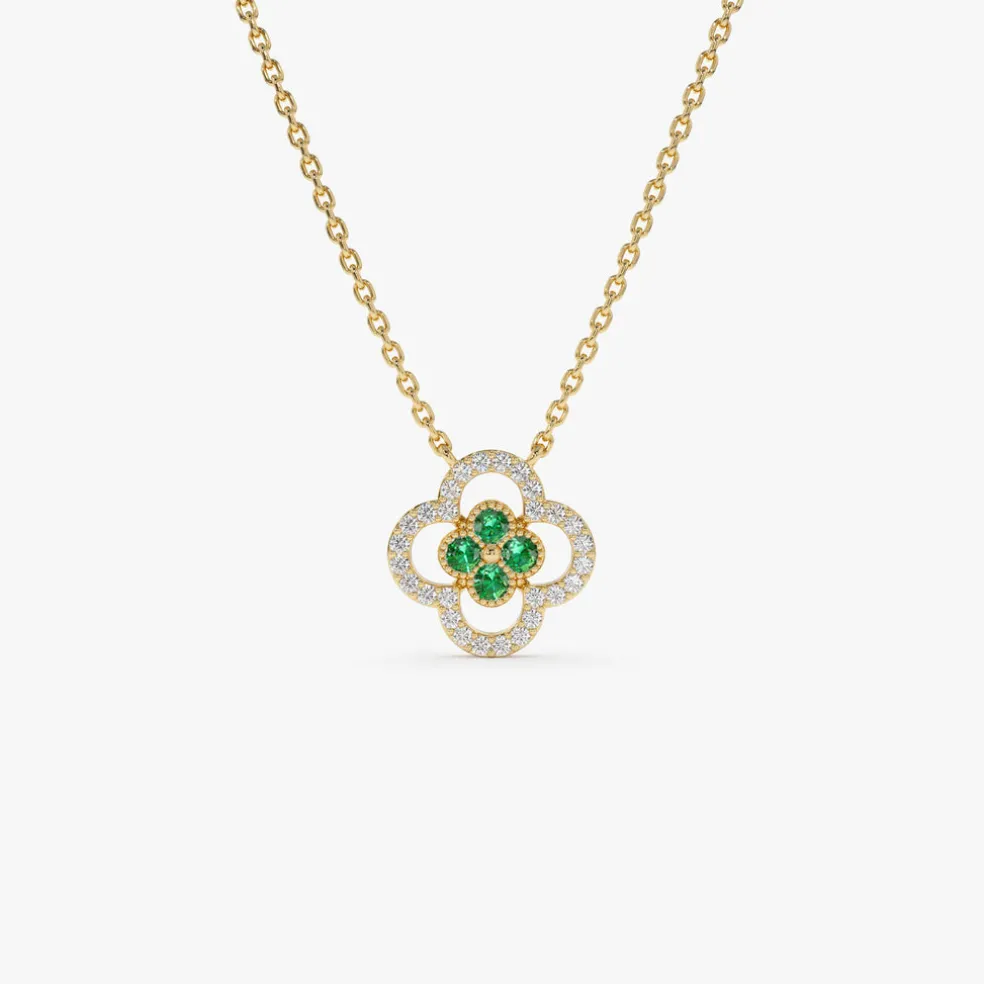 14k Emerald Clover Necklace in Halo Setting