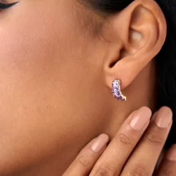 14K Emerald Cut Amethyst Half Hoop Earrings