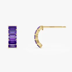 14K Emerald Cut Amethyst Half Hoop Earrings
