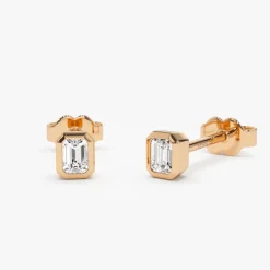 14k Emerald Cut Bezel Setting Stud Earrings