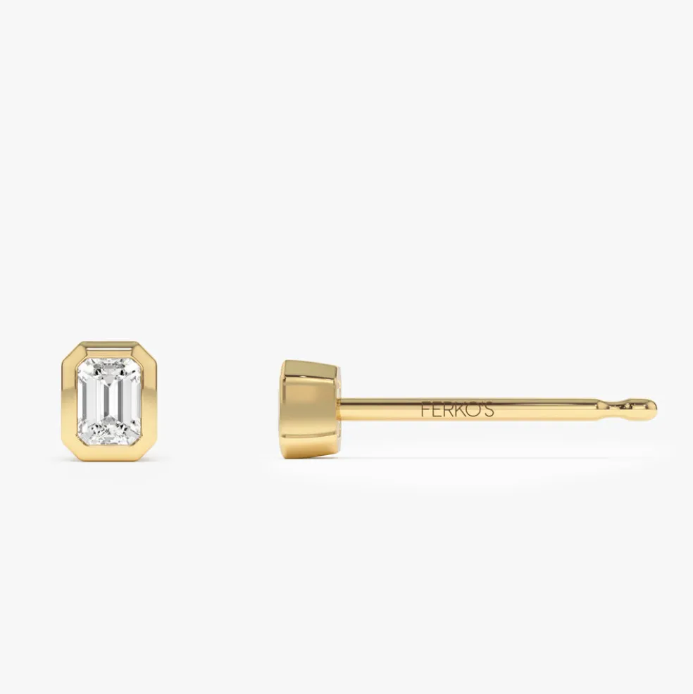 14k Emerald Cut Bezel Setting Stud Earrings