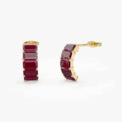 14K Emerald Cut Garnet Half Hoop Earrings