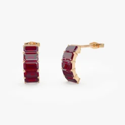 14K Emerald Cut Garnet Half Hoop Earrings