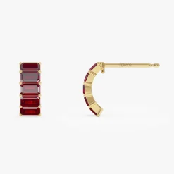14K Emerald Cut Garnet Half Hoop Earrings