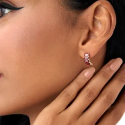 14K Emerald Cut Garnet Half Hoop Earrings