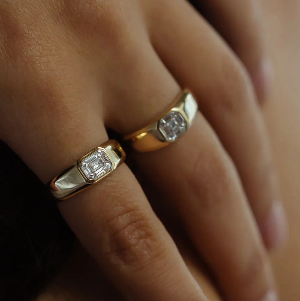 14k Emerald Cut Illusion Mosaic Solitaire Pinky Ring