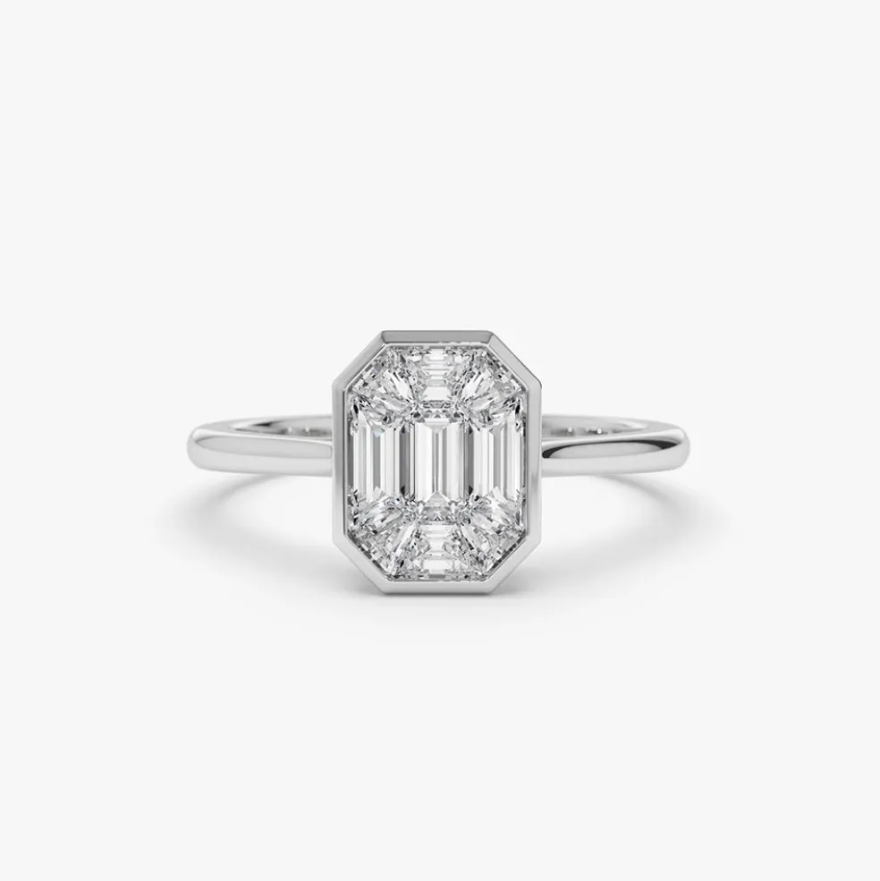 14k Emerald Cut Illusion Mosaic Solitaire Engagement Ring