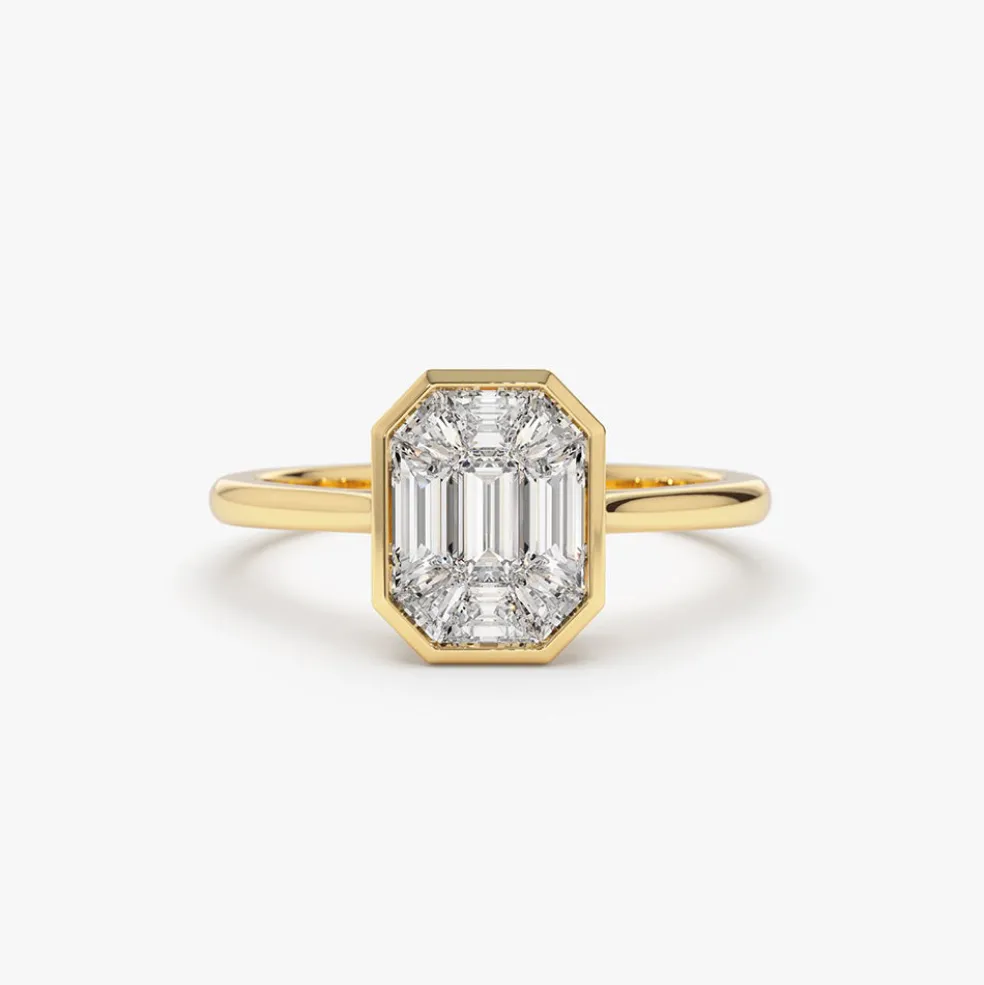14k Emerald Cut Illusion Mosaic Solitaire Engagement Ring