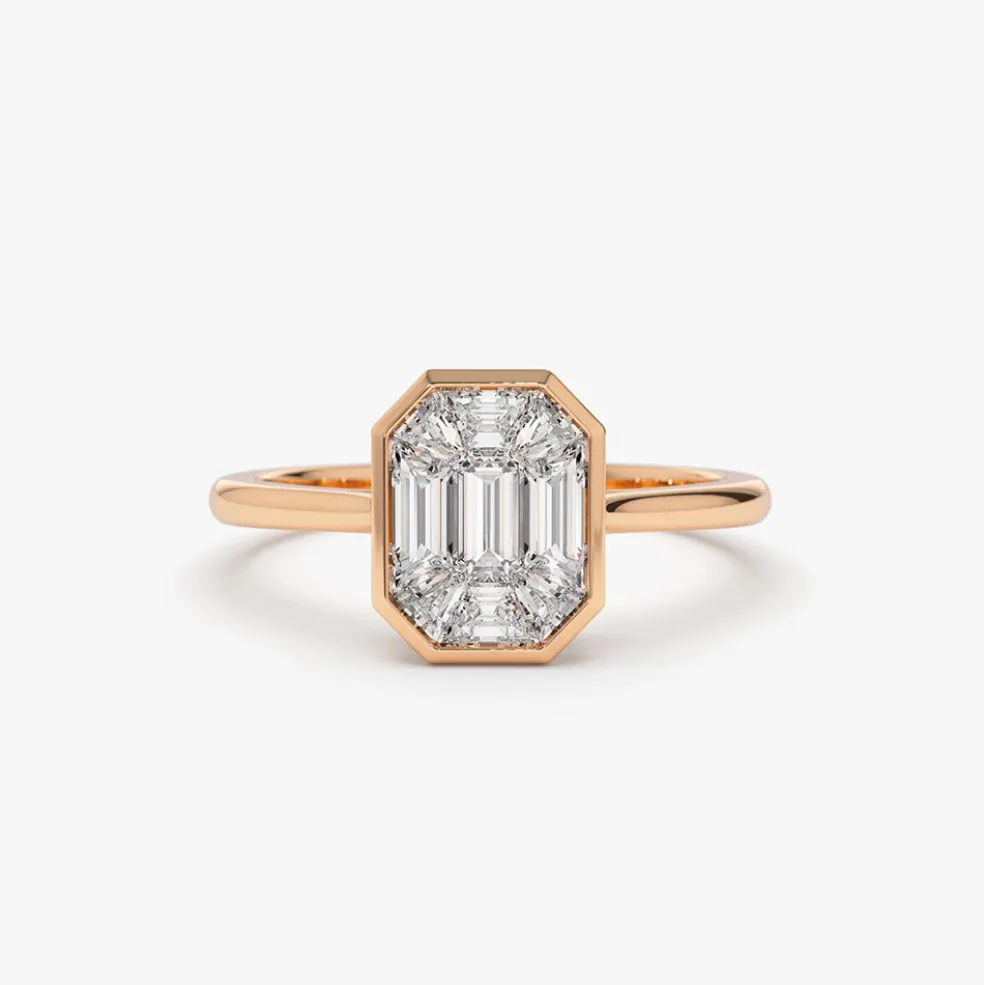 14k Emerald Cut Illusion Mosaic Solitaire Engagement Ring