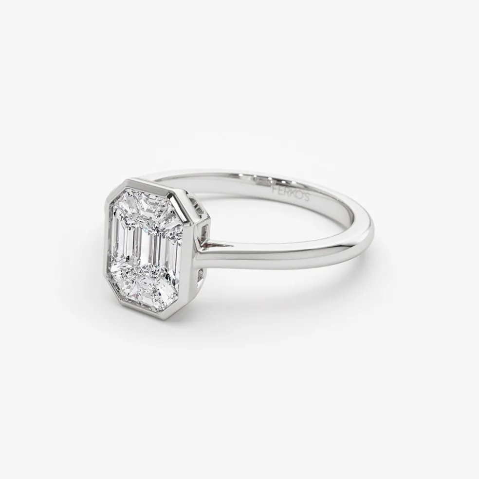 14k Emerald Cut Illusion Mosaic Solitaire Engagement Ring