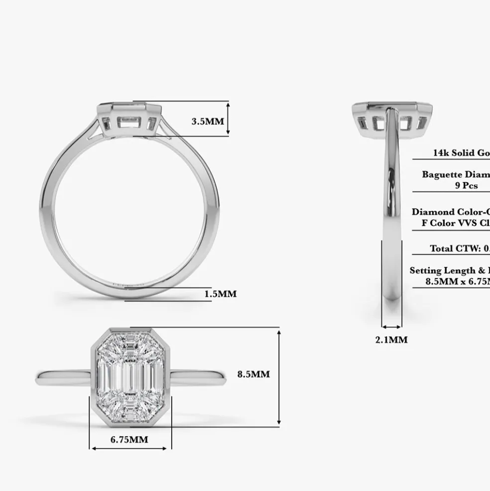 14k Emerald Cut Illusion Mosaic Solitaire Engagement Ring