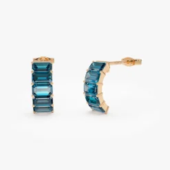 14K Emerald Cut London Blue Topaz Half Hoop Earrings