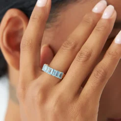 14k Emerald Cut Swiss Blue Topaz Nine Stone Ring 3.00ctw