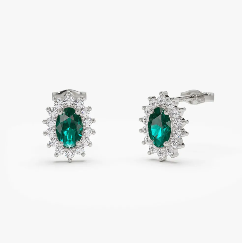 14k Emerald Earrings with Halo Diamonds