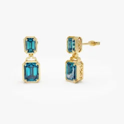 14K Emerald London Blue Topaz Dangle Drop Earrings