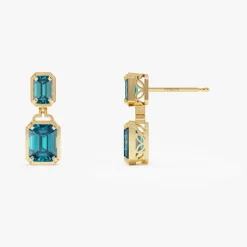 14K Emerald London Blue Topaz Dangle Drop Earrings