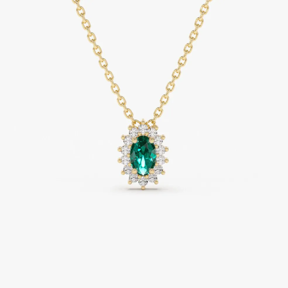14k Emerald Necklace with Halo Diamonds