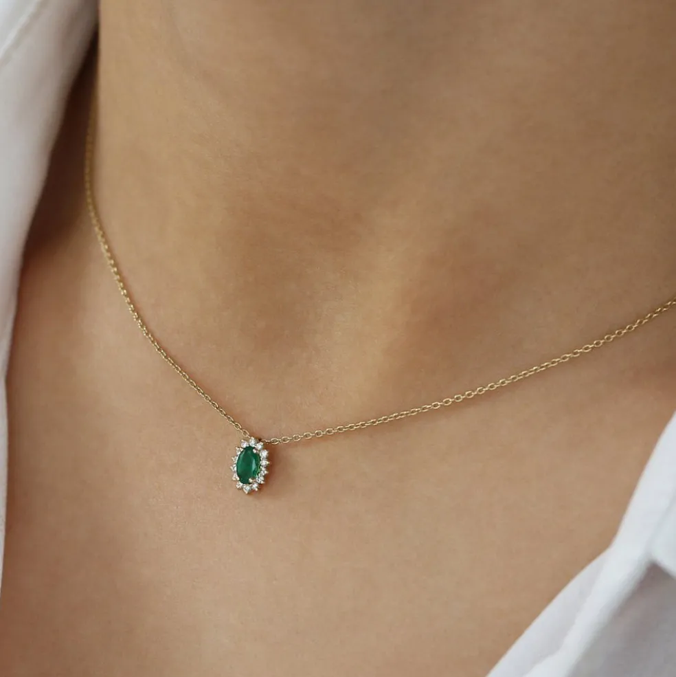14k Emerald Necklace with Halo Diamonds
