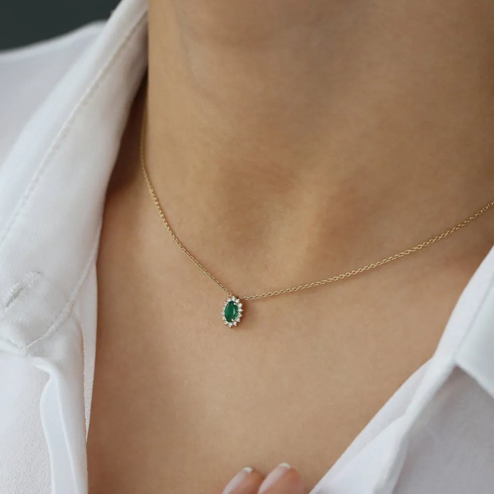 14k Emerald Necklace with Halo Diamonds