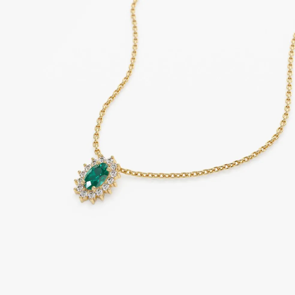 14k Emerald Necklace with Halo Diamonds