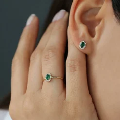 14k Emerald Ring with Halo Diamonds
