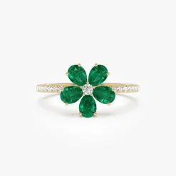 14K Five-Leaf Emerald and Diamond Ring