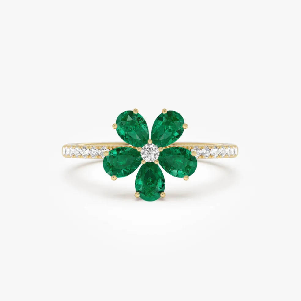 14K Five-Leaf Emerald and Diamond Ring